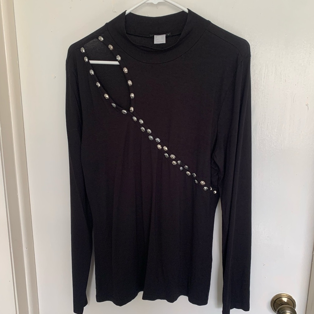 Black Long Sleeve Top with Silver Studs with peek a boo size L